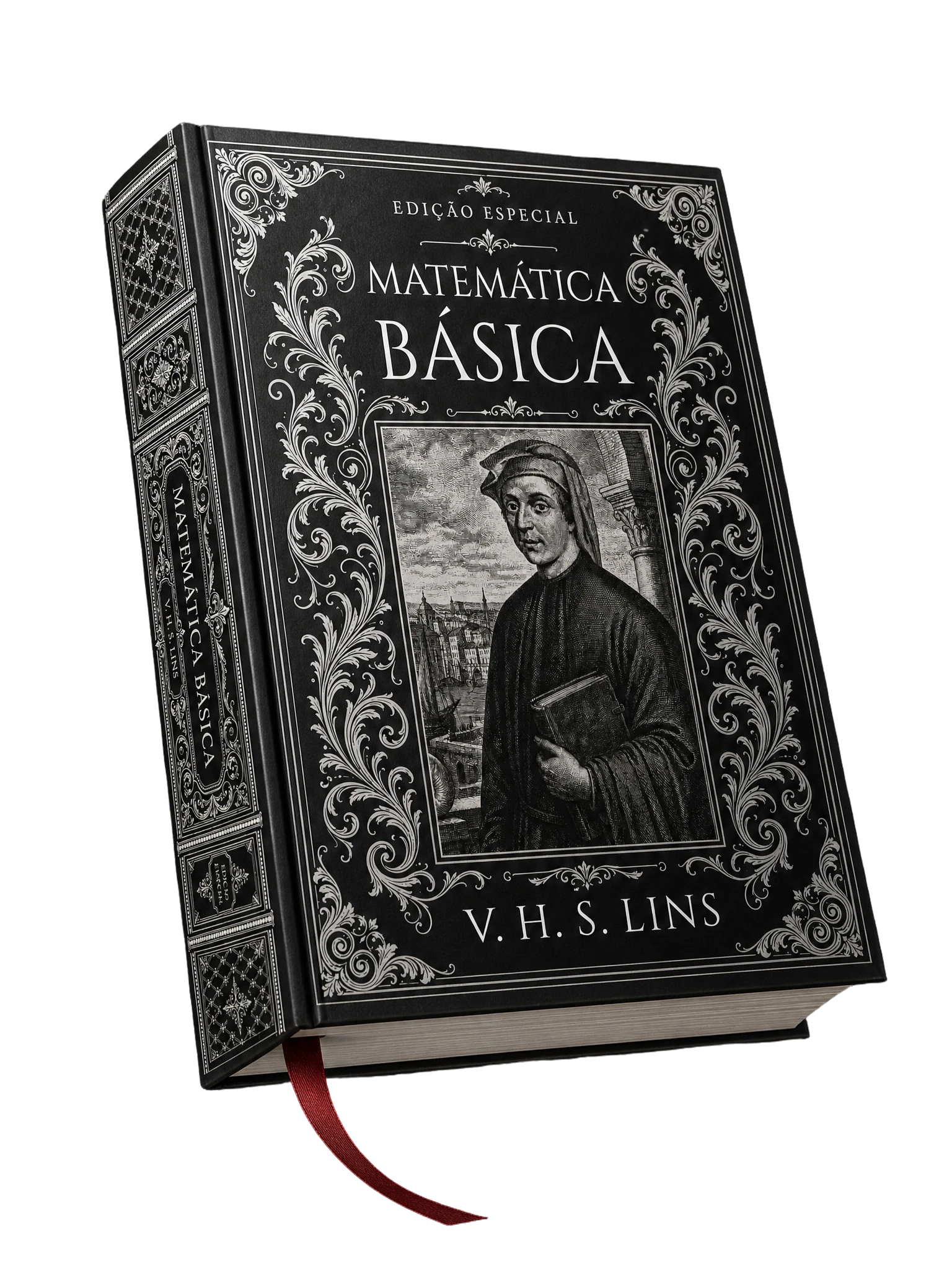 Matemática Básica — Edição Especial em capa dura, com fita de cetim vinho, flutuando sobre fundo grafite